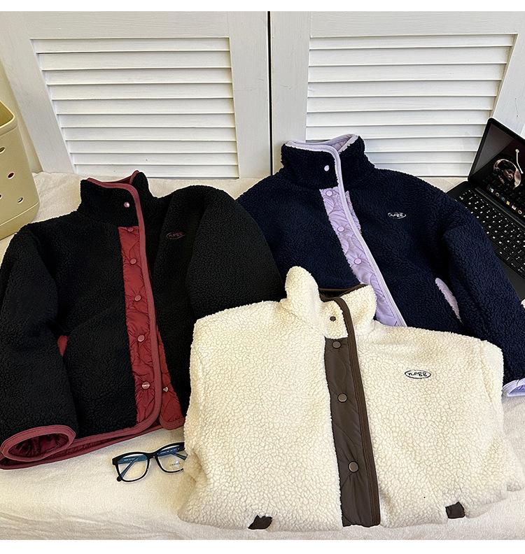 Damen Wendbare Lammwolljacke - Koreanischer Colorblock, Warm, Stehkragen, Winter, Lockere Passform