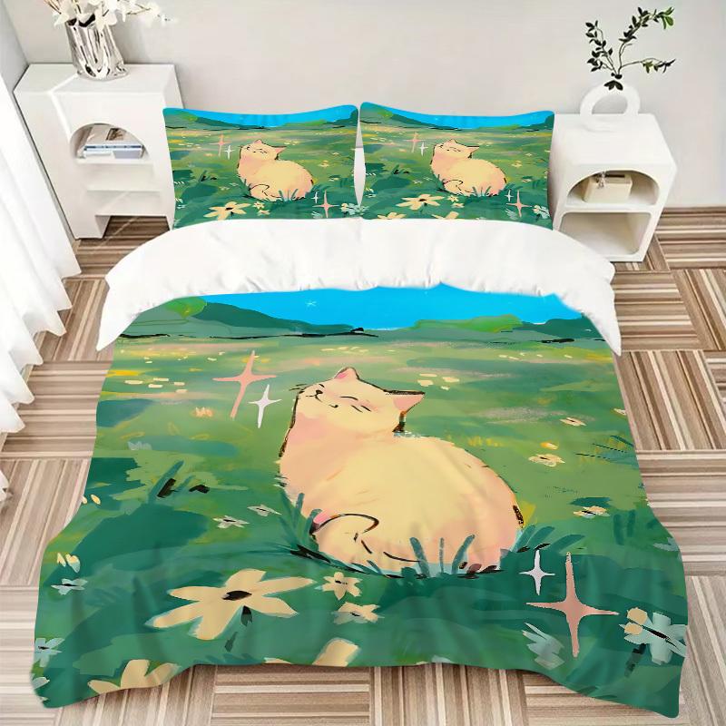 3pcs Cat Garden Print Bedding Quilt Cover, Soft and Comfortable Quilt Cover Suitable for Bedroom and Guest Room173