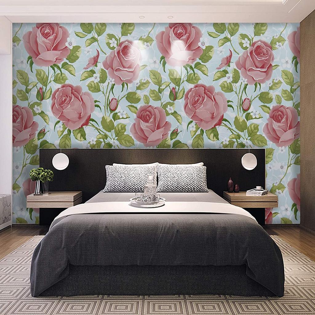 HaoHome Pink Rose Self Adhesive Wallpaper Removable  Floral Peel and Stick Wallpaper Furniture Home Decorative Wall Covering Rol