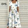 Women's Summer Short Sleeve Dress Casual Floral Print Round Neck Midi Dress with Pockets Flowy A-line Beach Sundress