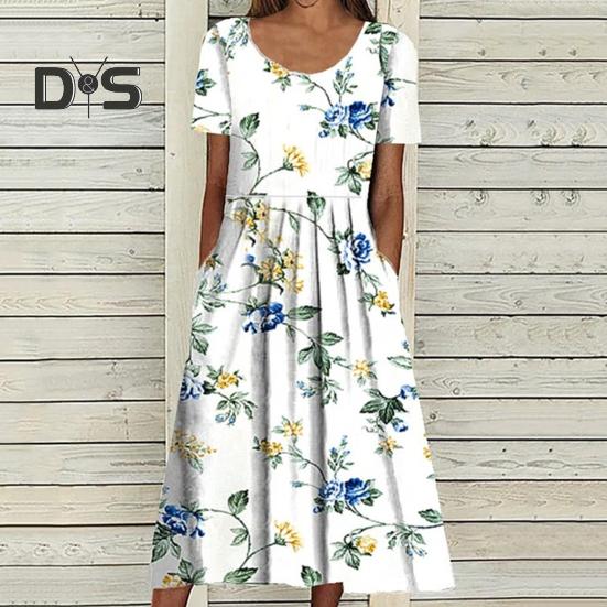 Women's Summer Short Sleeve Dress Casual Floral Print Round Neck Midi Dress with Pockets Flowy A-line Beach Sundress