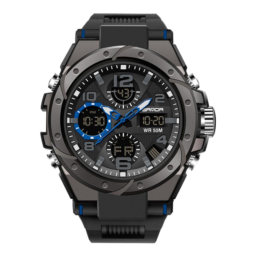 SANDA WR 50M Men's Multifunctional Dual Display Luminous Quartz Watch with Digital and Analog Timekeeping Durable Strap