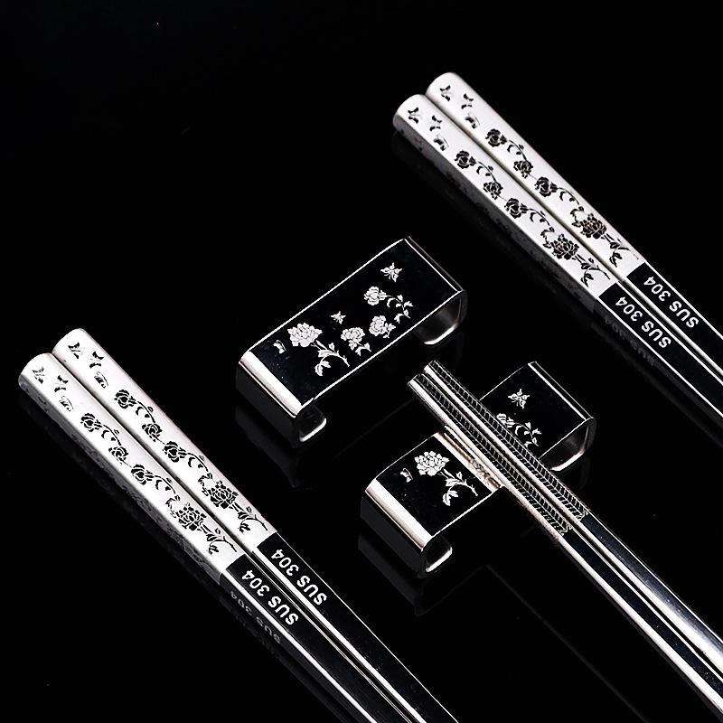 304 Stainless Steel Chopsticks & Rests Gift Set with Laser Black and White Logo