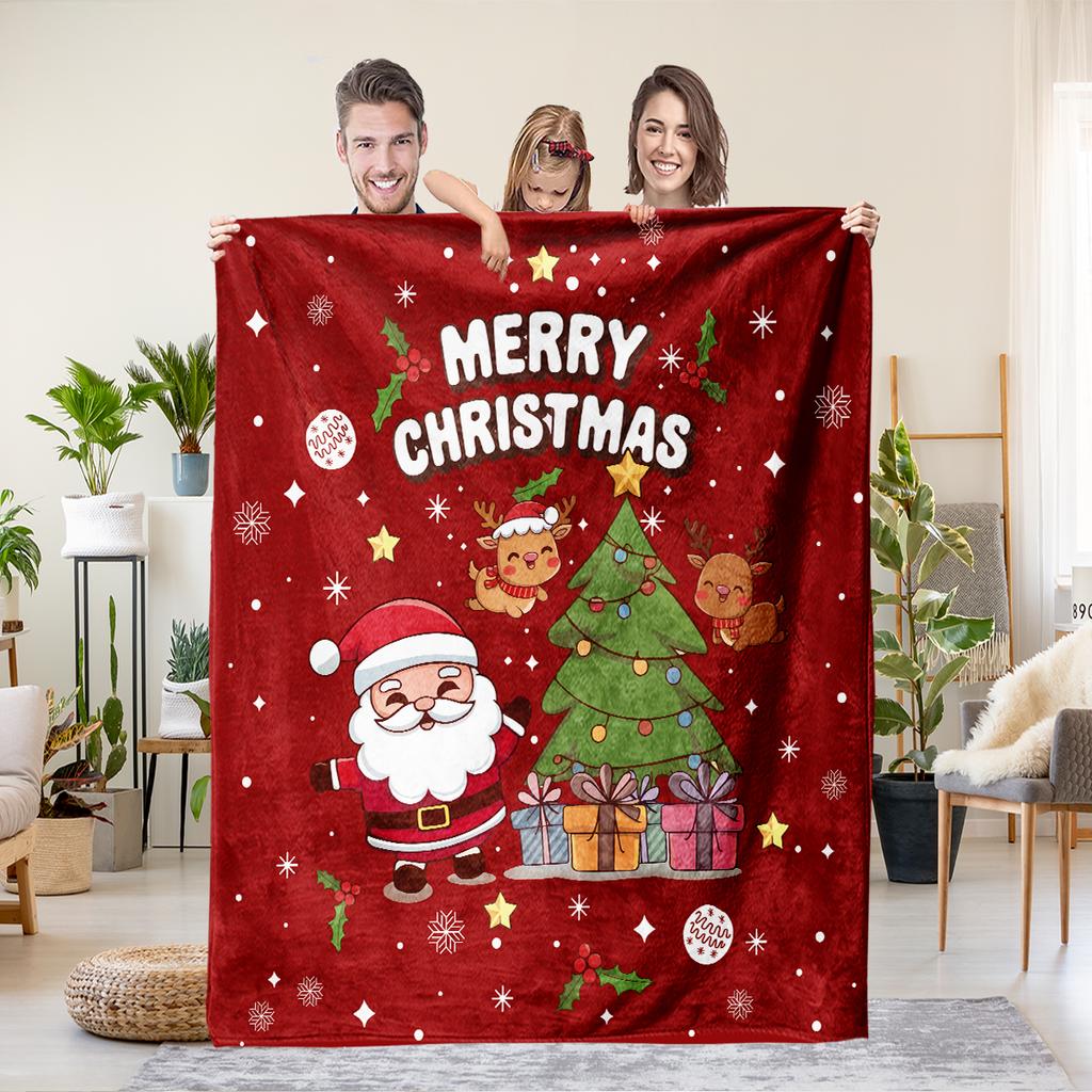 1pc Cartoon Santa Claus Print Red Flannel Blanket Various Size Living Room Sofa Nap Leisure Blanket Soft and Machine Washable