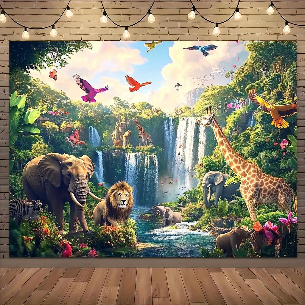 Elephant Giraffe Wildlife Theme Banner Background Customizable Children's Birthday Party Decoration Background Room Poster Props