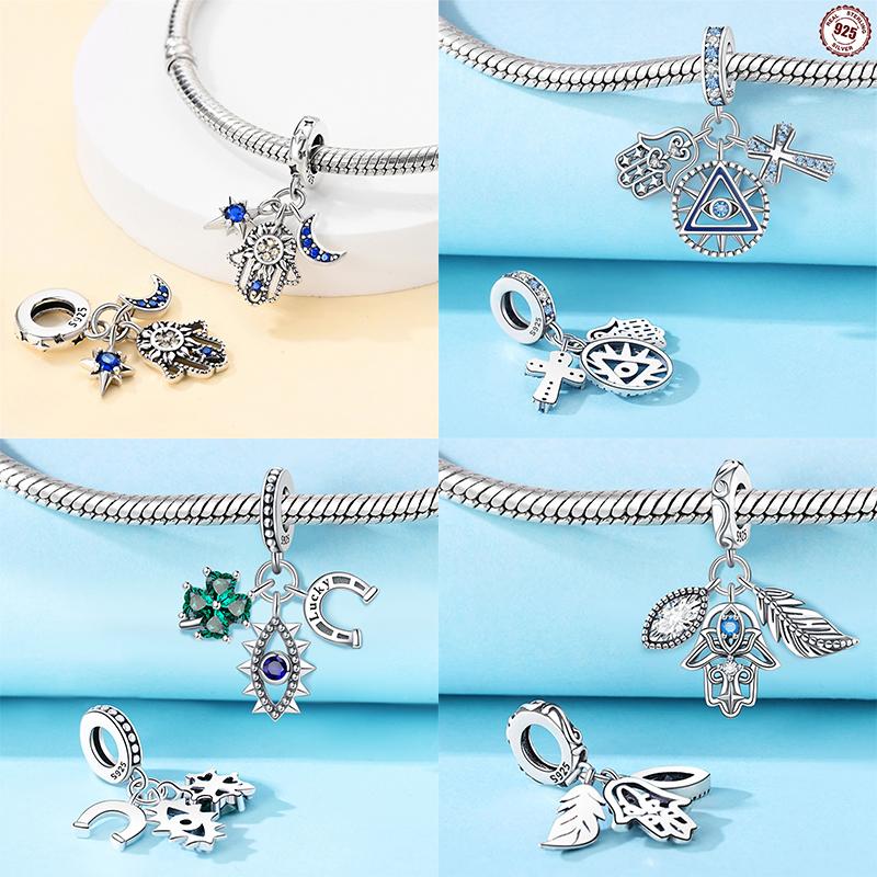 Charm Bead Components Shiny Zircon Blue Devil's Eye and Fatisha's Hand Bead Components Copper Metal Pendant Bead Component Compatible With Do It