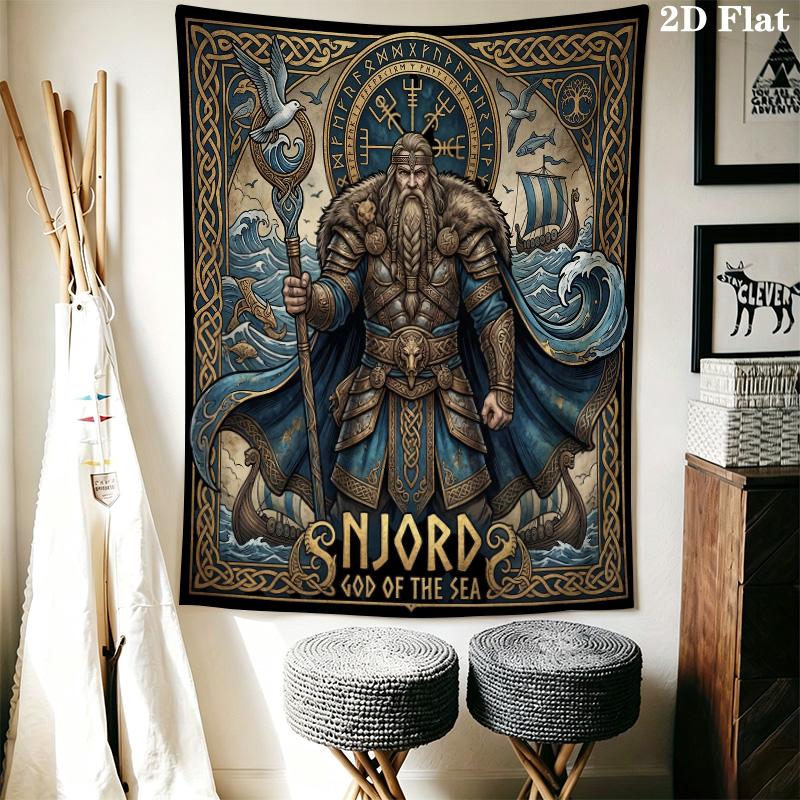 Odin Norse Mythology Tapestry, Viking God with Wolves and Ravens Wall Hanging, Valknut Symbol Wall Tapestry for Bedroom Living Room Decor