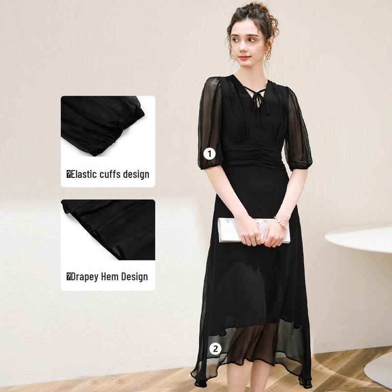 TUHUANG Women's 100% Mulberry Silk French Retro V-Neck Puff Sleeve Dress