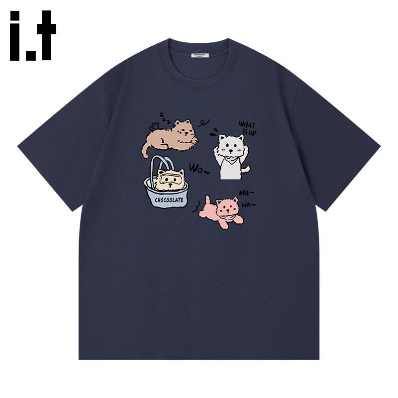 :CHOCOOLATEit Unisex Cartoon Print Round Neck Short Sleeve T-Shirt S темно-синий