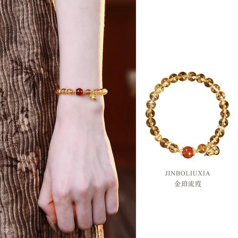Golden Amber Flowing Light Natural Yellow Crystal Bead Bracelet with Red Agate Gourd Pendant, Exquisite and Luxurious for Women 【7A Level】Yellow Towe