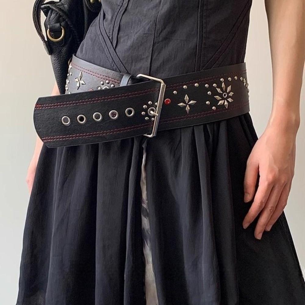 Y2k Leather Waist Belt Gothic Dress Jeans Belt Fashionable Women's Rivet Belt  Streetwear