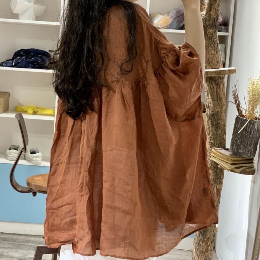 Women's Linen Batwing Blouse - Single Button, Loose Fit, Summer Sun Protection, Fashionable Retro Style