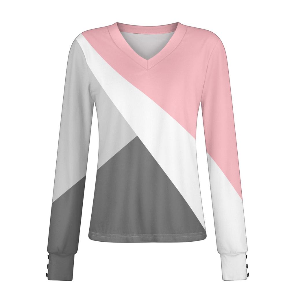 Women's Tops Long Sleeves Cuffs Button Shirt V Neck Casual Loose Tee Plaid, Patchwork Color Tops