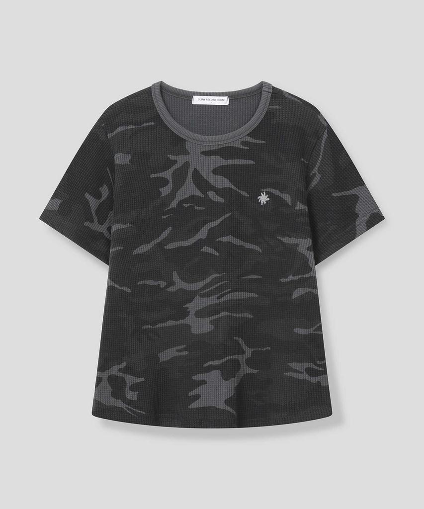SLOW RECORD HOUSE Logo Waffle Crop T-Shirt_Camo (Charcoal)