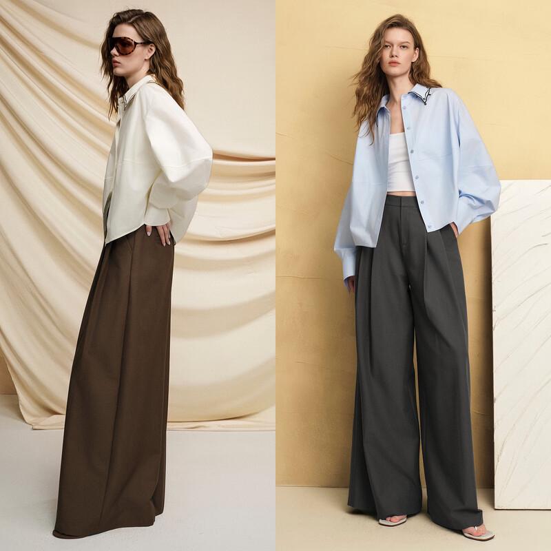 ELLE Women's French Relaxed High-Waist Wide-Leg Trousers