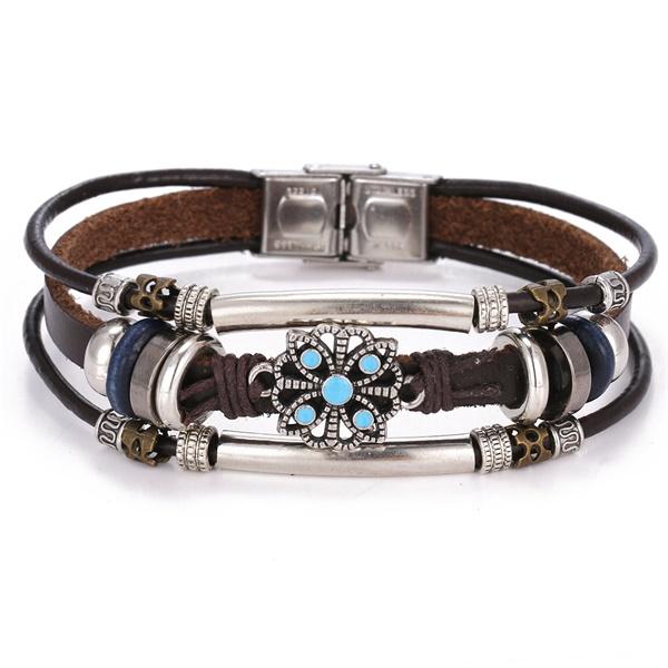 One Piece Vintage Flower Bracelet and Bangles Bohemian Style Multi-Layered Leather Bracelet Women Men Wrap Women Punk Jewelry Gift