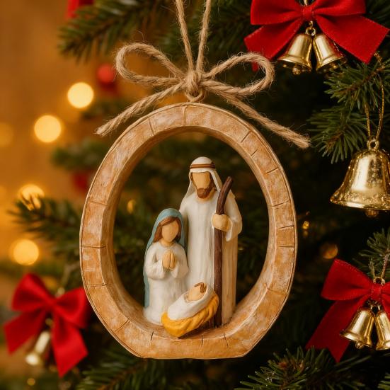 Oval Nativity Hanging Ornament Home Office Christmas Tree Hand-Painted Birth of Jesus Scene Holy Family Holiday Religious Decoration Pendant