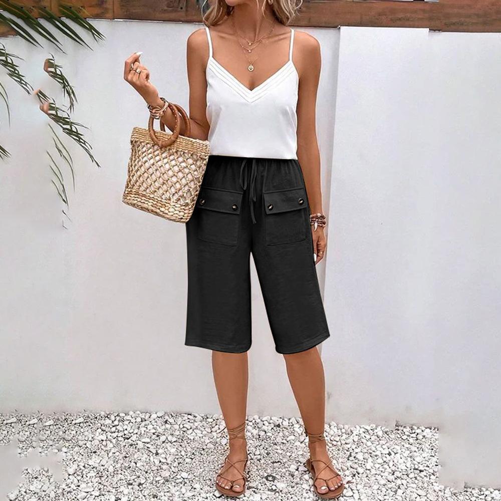 Women Street Casual Bermuda Pants Front Pockets Elastic Waist Shorts Summer Solid Versatile Drawstring Knee Length Pants Female