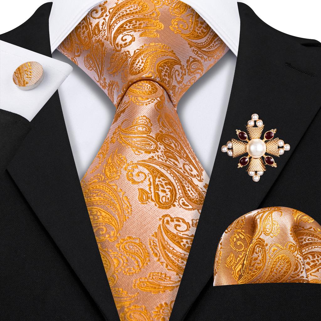 Pearl Brooch with Silk Tie for Men Vintage Floral Teal Necktie Hanky Cufflinks Gift Formal Set