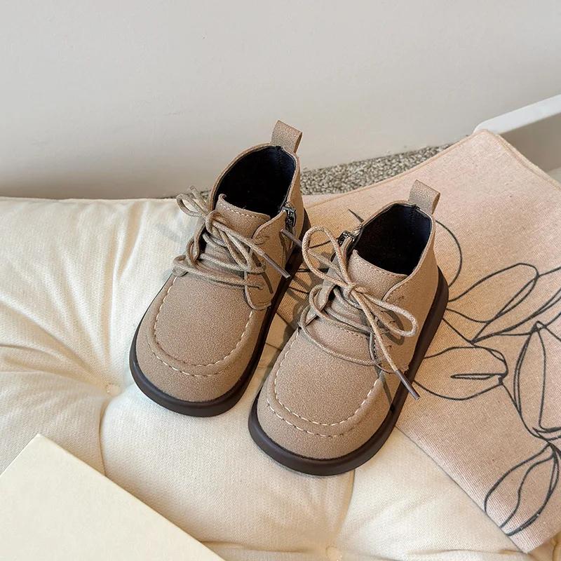 

Детские короткие ботинки для мальчиков и девочек на молнии сбоку, детские ботильоны, нескользящие, новая мода 2024, детские кожаные ботинки, ретро, однотонные 22 хаки