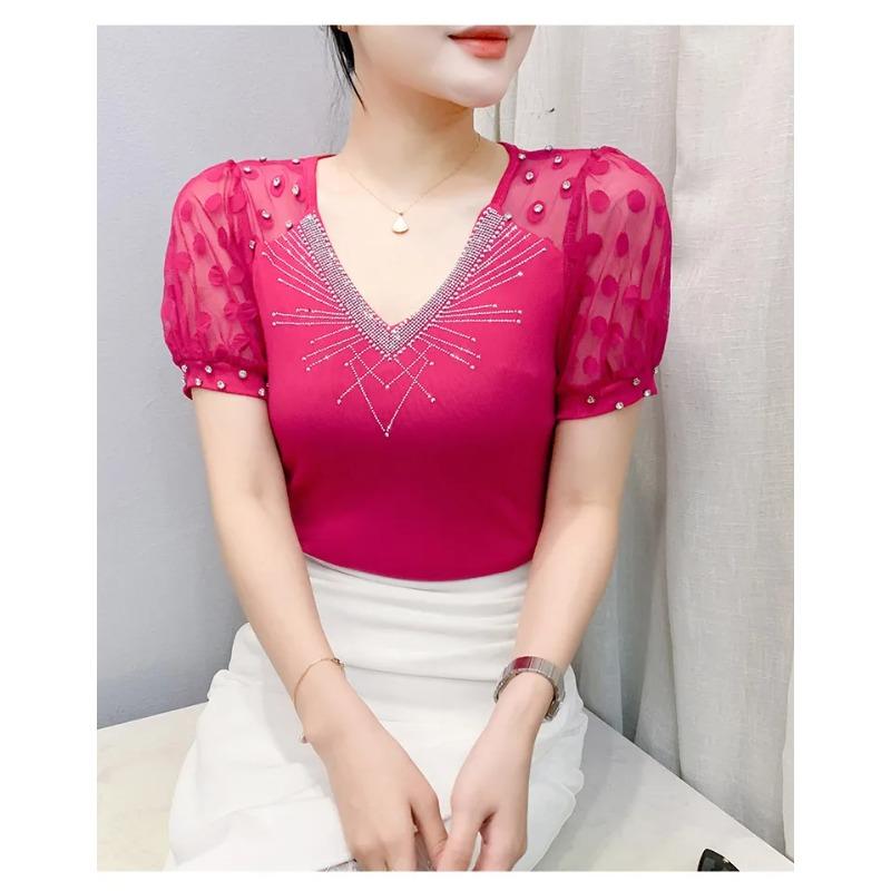 Summer V Neck Short Sleeved Women's T Shirt Fashion Sexy Diamond Mesh Tees Lace