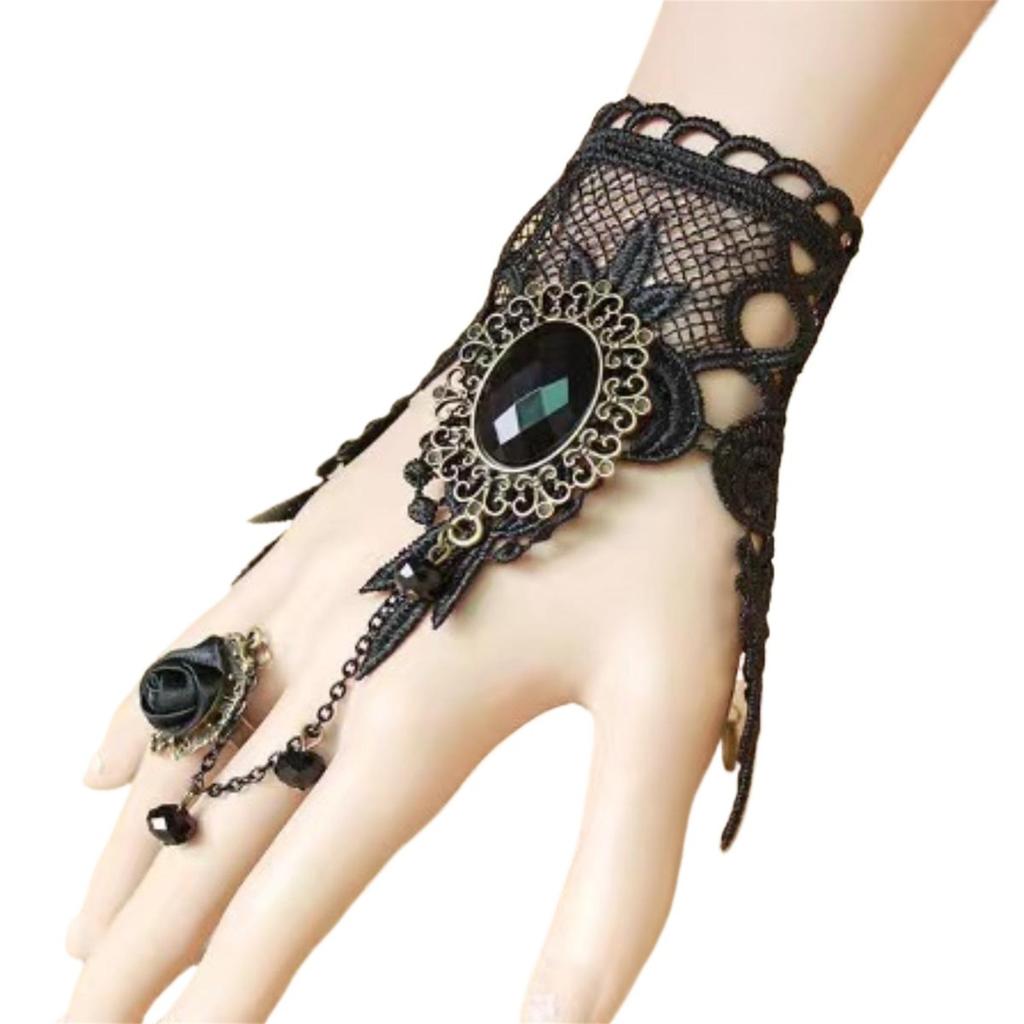 Gotisches Schwarzes Spitzenarmband und Ring Set Vintage Viktorianisches Punk Schmuck für Damen