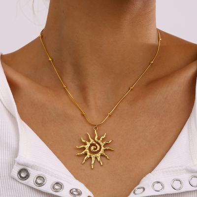 Stainless Steel Sun Pendant Necklace, Hammered Spiral Sun Choker Necklace