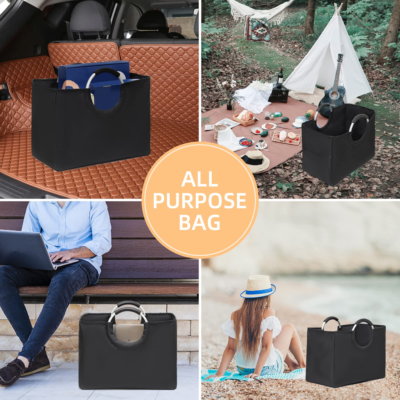 42L Collapsible Beach Utility Tote with Comfortable Aluminum Handle Reusable Grocery Shopping Bag Oxford Cloth Laundry Basket nero