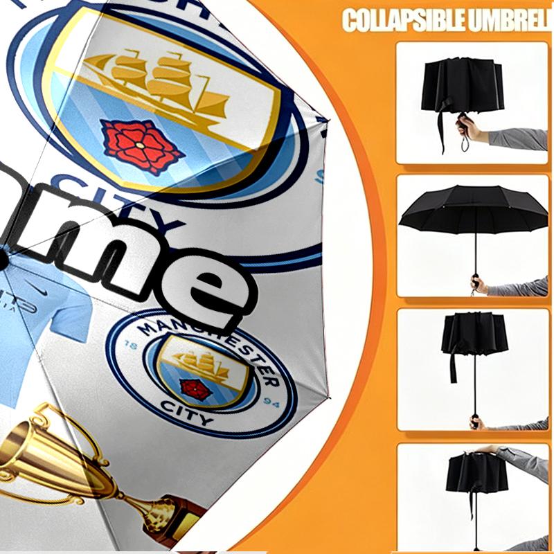 Custom Name Personalized Manchester City FC Print Umbrella, Auto Open Close, 8‑Rib Sturdy Frame, Commute Camping Hiking Use, Birthday Gift