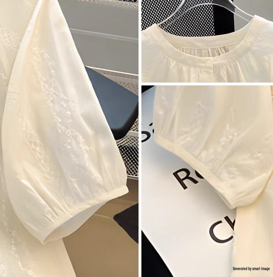 Damska francuska retro żakardowa bawełniana bluzka babydoll z haftem w kolorze morelowym