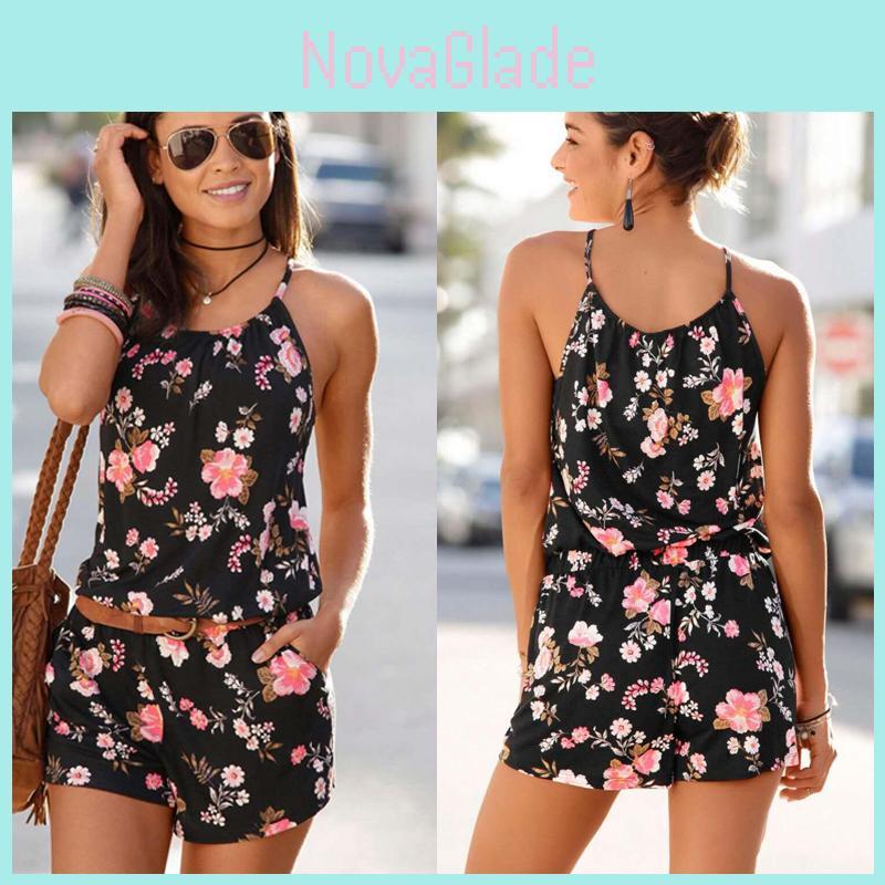 Stylish Women's Backless Jumpsuit With Pockets And Floral Design For Effortless Fashion
