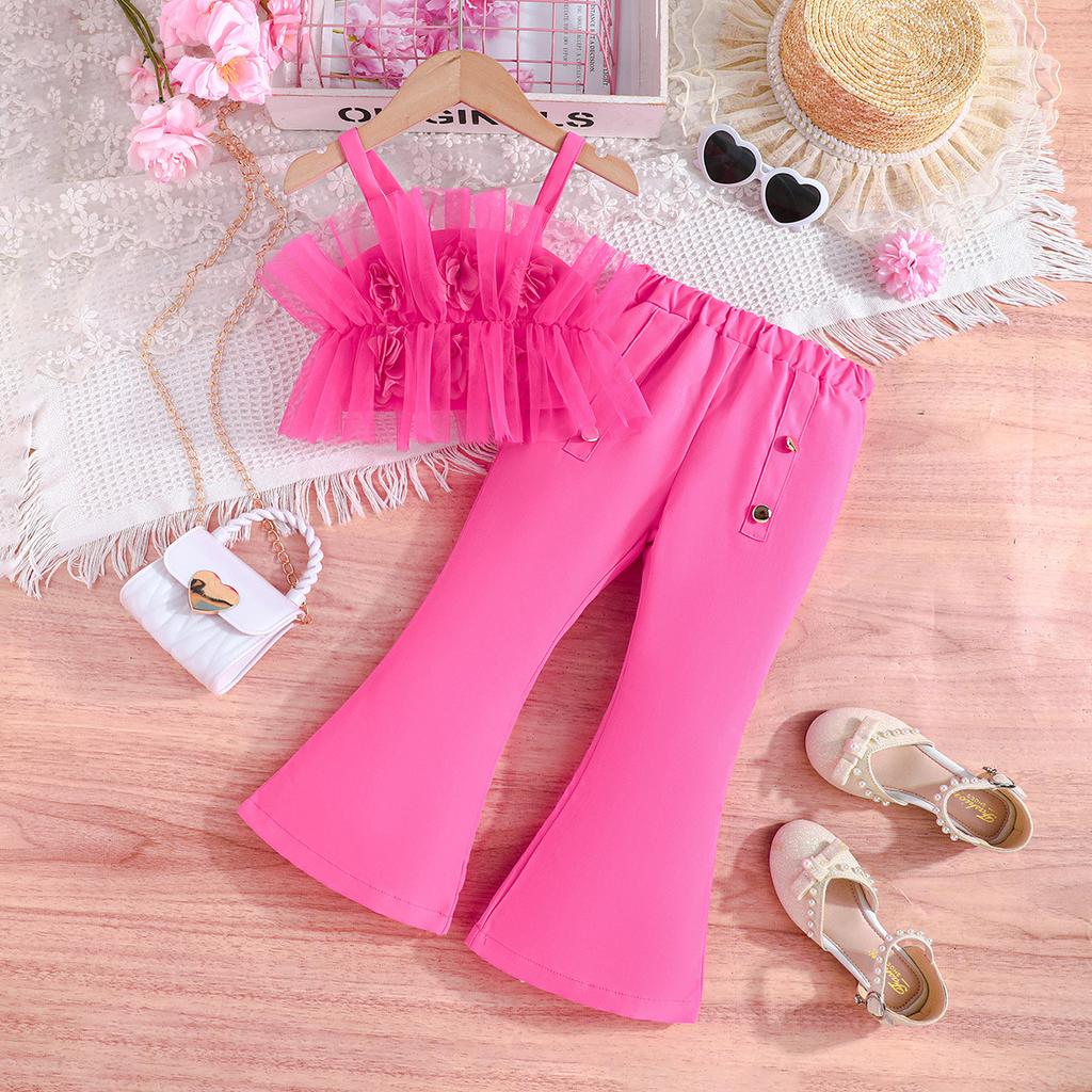 Varmsalg 2-7Å Jentedrakt Sommer Haltertopp Mesh + Utsvingte Bukser Jentemotedrakt Jentebukser