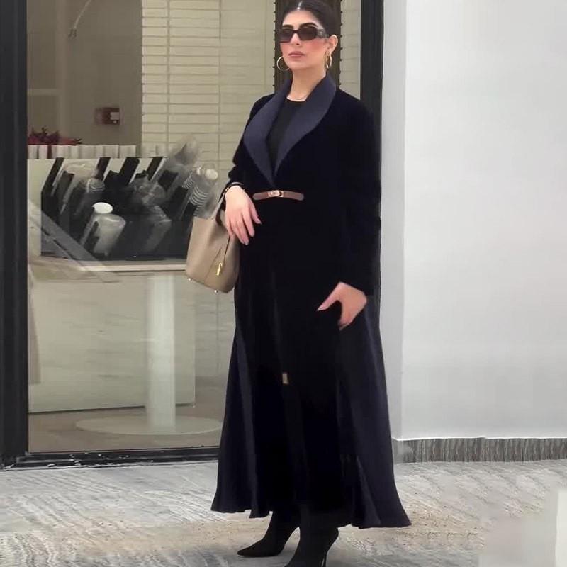 2026 Color Block Knee-Length Loose Coat Womens A-Line Polo Collar Long Sleeve Outerwear