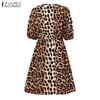 ZANZEA Women Casual Playful Leopard Print Front Tie Puff Sleeve Mini Dress