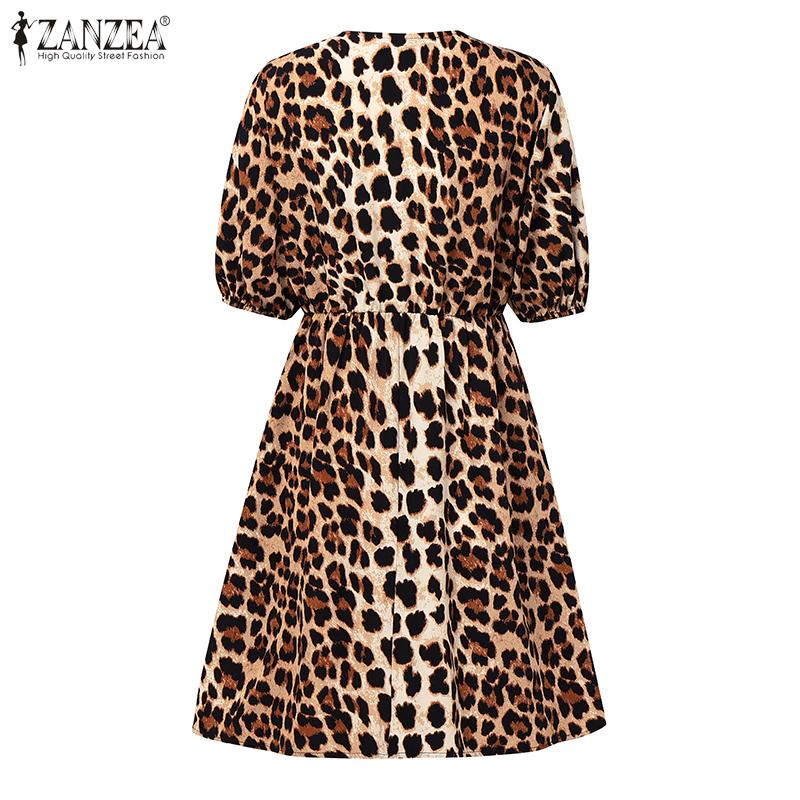 ZANZEA Women Casual Playful Leopard Print Front Tie Puff Sleeve Mini Dress