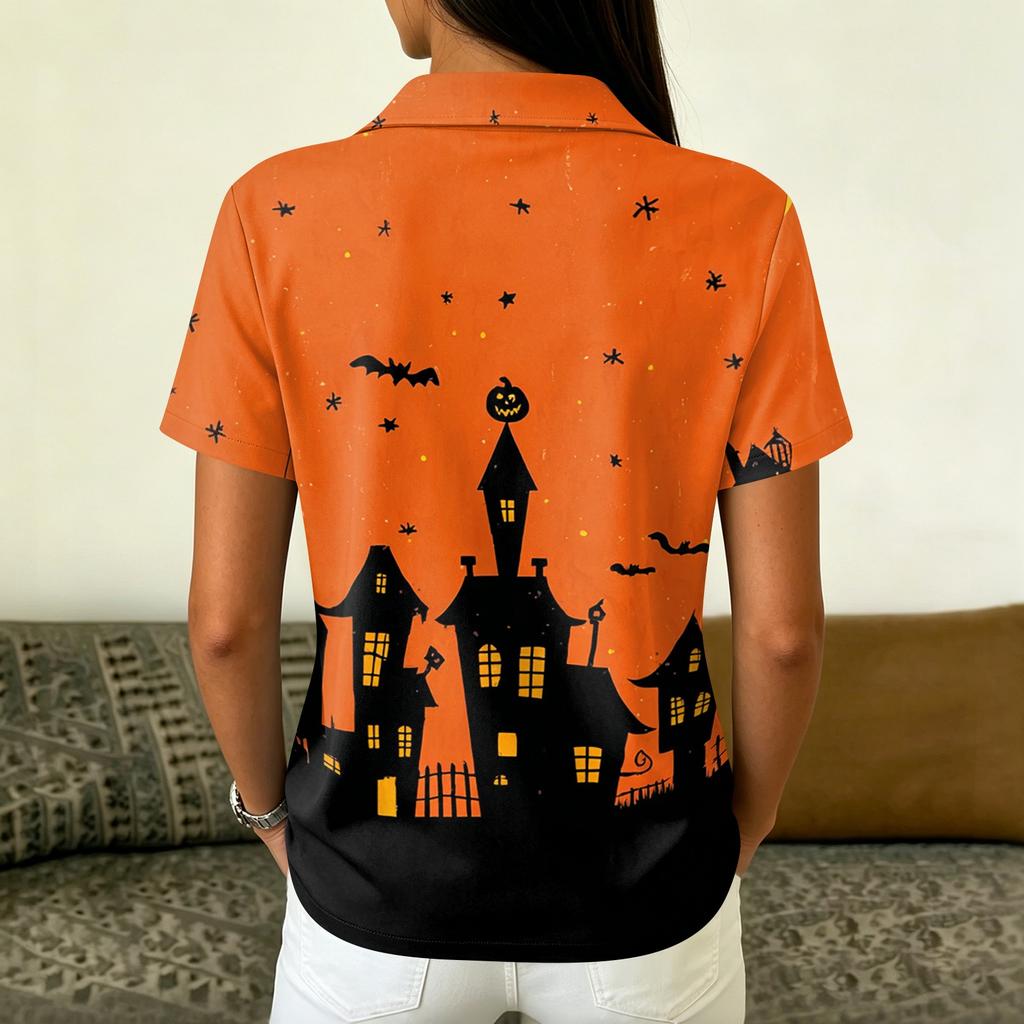 Women's Casual Button Short Sleeve Collar Top with Halloween Print