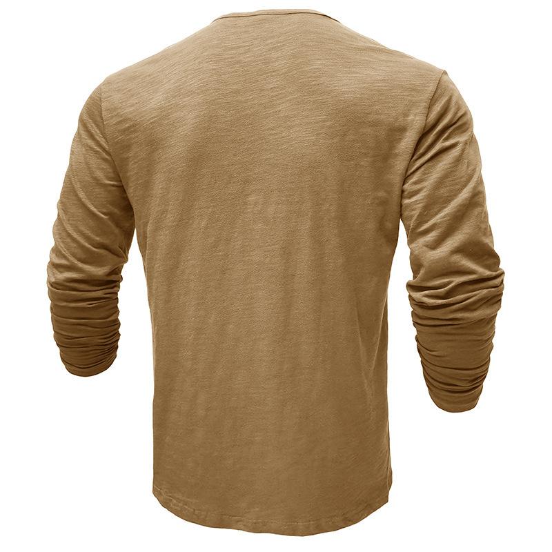 Nuove T-shirt Henley da Uomo di Alta Gamma in Cotone Autunnali Moda Colore Unico Manica Lunga Casual con Bottoni