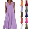 Women's Summer Casual V-neck Button Color Sleeveless Long Dress With Pockets