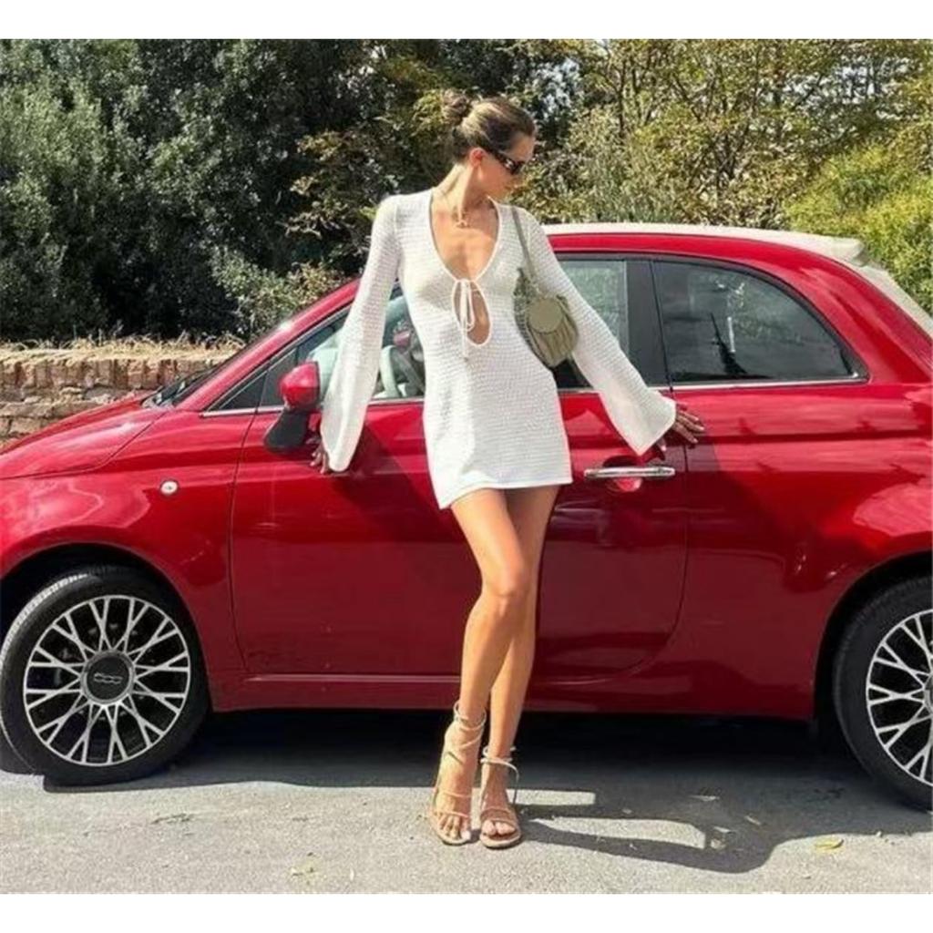 Sváteční Mini šaty s výstřihem, dámské pletené šněrovací s dlouhým zvonovým rukávem, plážové šaty, dámské prázdninové jednobarevné šaty