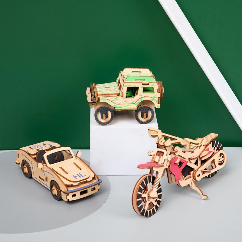 3D Holzautos Motorrad Puzzle Montagemodell DIY Handgemachtes Puzzle Schreibtischdekorationen für Kinder Geschenk