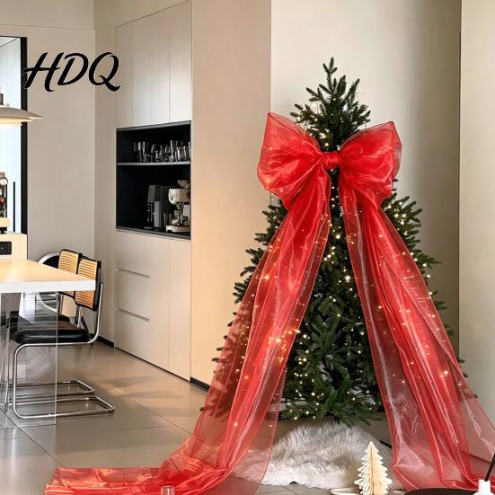 Herbruikbare Polyester Strikken Extra Grote Kerstboom Topper Strik 150 cm Reusachtig Tule met Feestelijke Cadeauverpakking Lange Slinger Organza Gaaslint