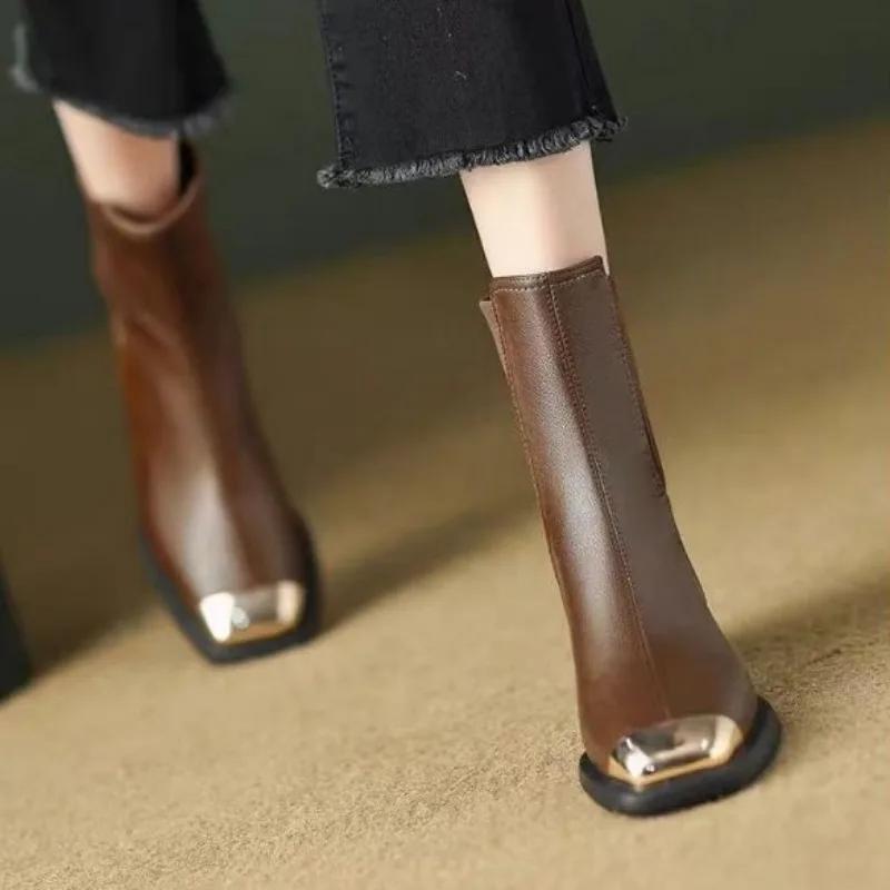 Half High Boots for Women Autumn Leather Winter 2025 Trend Mid Calf Shoes Woman Comfortable and Elegant Gyaru Footwear Goth Hot