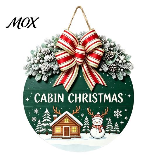 Festive Home Decoration Christmas Wooden Welcome Sign for Front Door, Round Hanging Ornament with Rustic Winter Wreath Artificial Pine Branches & Bow