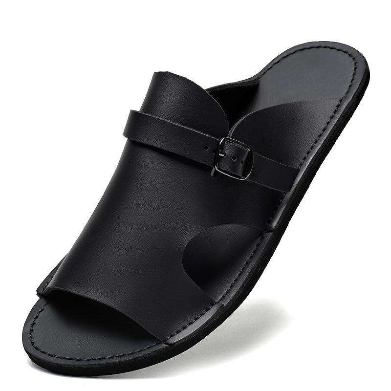 Men's Breathable Cowhide Beach Slippers - Soft Sole Roman Sandals, Size 47