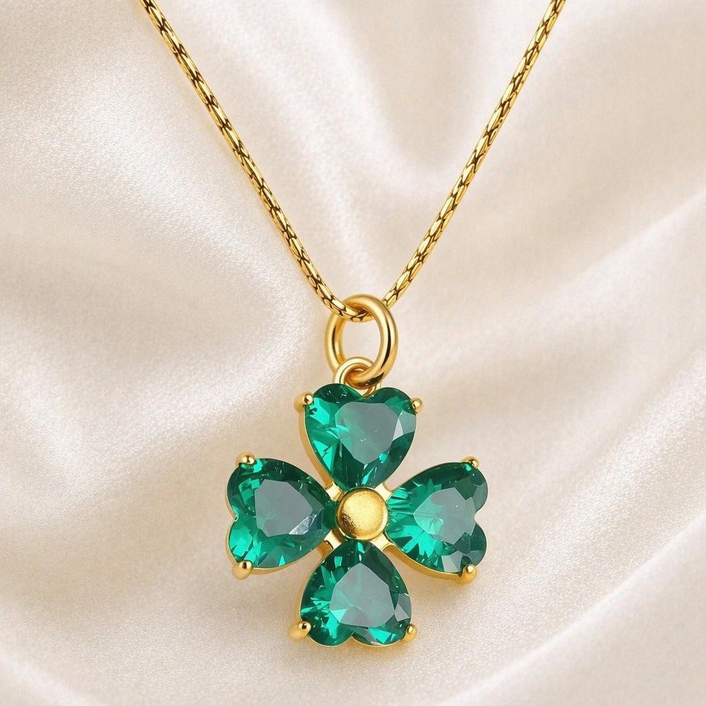 18K Gold-Plated Stainless Steel Pink & Purple Zircon Four-Leaf Clover Necklace Set