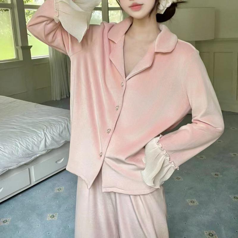 New Autumn-Winter Women's Long Sleeve Island Fleece Pajama Set with Cardigan, Korean Style Double-Sided Fleece, Wear Indoors or Out
