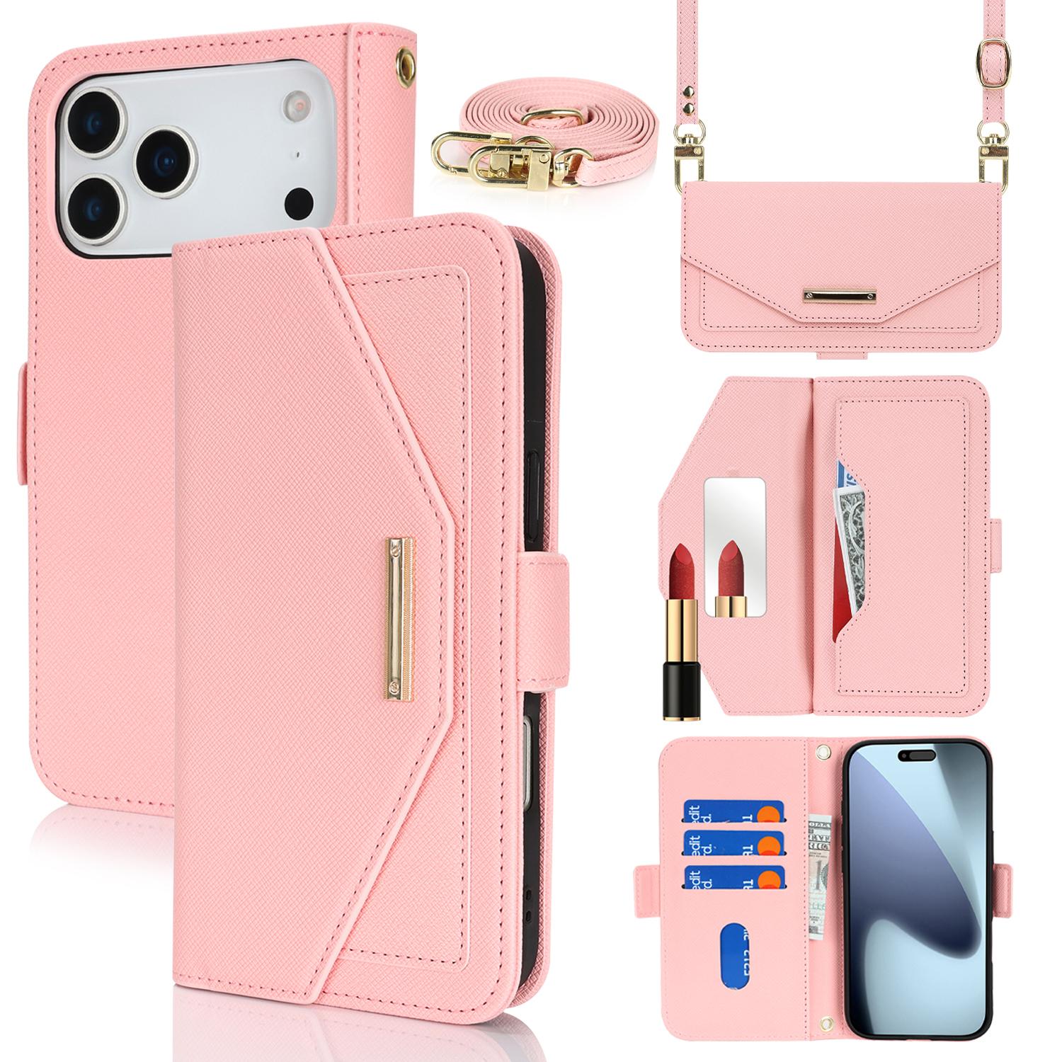 

For iPhone 17 Pro Max Stand Case Cross Texture PU Leather Wallet Phone Cover with Shoulder Strap/Makeup Mirror