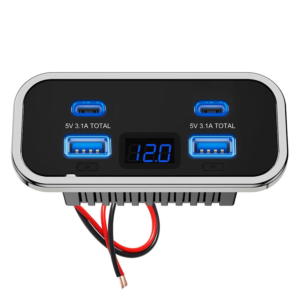 4 Ports Car Charger Socket Panel 12V/24V PD3.0 Type-C Quick Charge & QC3.0 Panel Wall Mount Charger Adapter for Car Bus RV Truck