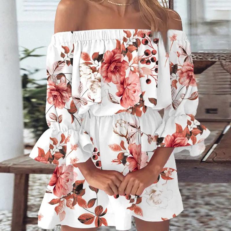 Women Floral Print Mini Dress Summer Sexy Off Shoulder Flare Sleeve Tunic Dress Female Casual Boho Beach Dress