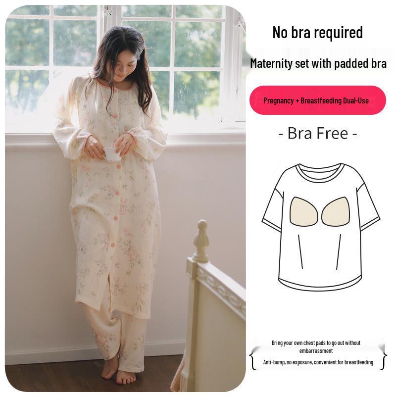 Umstandskleid aus reiner Baumwolle mit Brustpolstern - Leichter Frühlings-/Sommer-Postpartum-Still-Bademantel